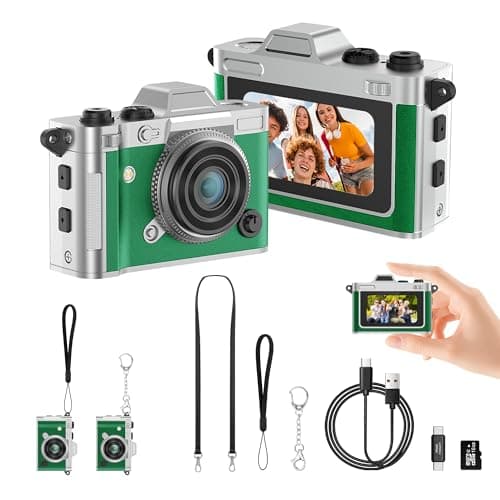 Dienspeak Pocket Mini Camera, Y2K Retro Keychain Digital Camera with Leather Body, Small Portable 2K HD Video Recorder with 16GB Card, Tiny Vintage Camcorder for Travel Vlogging Camera, Green - Image 1