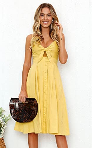ECOWISH Women 2024 Summer Dresses Tie Front V-Neck Spaghetti Strap Button Down A-Line Backless Swing Midi Dress 572 Yellow M - Thumbnail 2