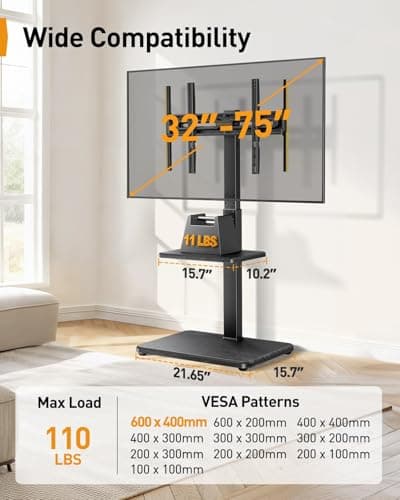 Perlegear Floor TV Stand with LED Light for 32”-75" TVs, Tall TV Stand with Swivel and Tilt, 12 Height Levels TV Mount Stand, Solid Wood Base up to 110 lbs for Living Room, Max VESA 600x400mm, PGFS21B - Thumbnail 4