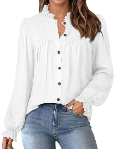 Womens Fall Tops Crewneck Long Sleeve Shirts Casual Blouses Flowy Lace Boho Clothing Trendy White L - Image 1