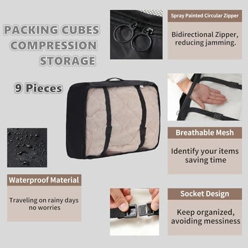9 Set Packing Cubes for Travel Essentials, Suitcase Organizer Bags for Airplane Road Trip Camp - Black - Thumbnail 3