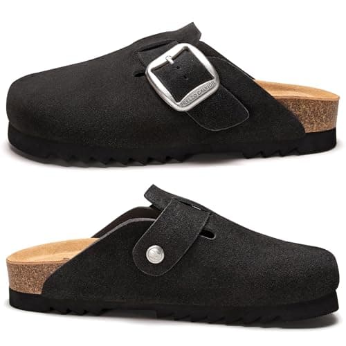 Brelzo Calvior Suede Clogs for Women Leather Mules Slip-on Sandals Men's Potato Shoes with Arch Support Dark Grey - Thumbnail 6