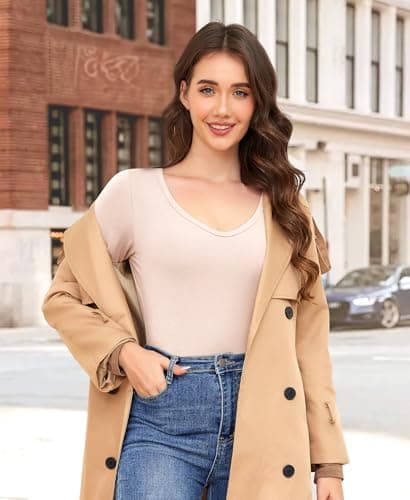 Ganado Long Sleeve Shirts for Women V Neck Thermal Shirt Layering Undershirts Plain Fitted Basic Tops (Beige, X-Large) - Thumbnail 4