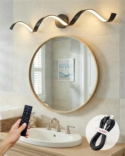 Charming Life Battery Operated Vanity Light [No Wiring Needed] - 31.5" Matte Black Rechargeable Wireless Wall Sconce with Remote, Dimmable Spiral LED Bar for Bathroom Mirror & Rental Home - Image 1