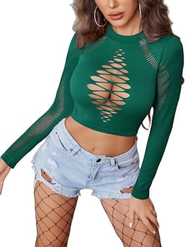 Avidlove Women's Long Sleeve Fishnet Top Sexy Cut Out Crop Short Hollow Out Top Green - Image 1