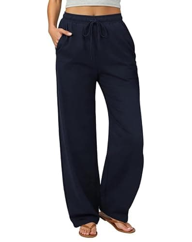 keriffe Womens Summer Casual Pants High Waisted Drawstring Beach Vacation Trousers with Pockets Navy Blue - Image 1