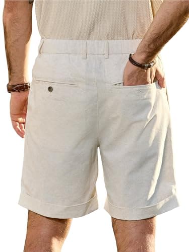 JEMLDL Men's Cotton Linen Shorts 7 Inch Inseam Casual Pleated Summer Vacation Resort Beach Elastic Waist Lightweight Shorts with Pockets Beige Large - Thumbnail 2