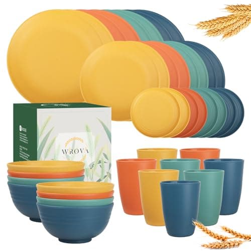Wrova 40Pack plates and bowls sets for kids - Unbreakable wheat straw dinnerware sets service for 8 - Alternative plastic 40pcs dish sets for kitchen, camping and indoors dinning - (Colorful) - Image 1