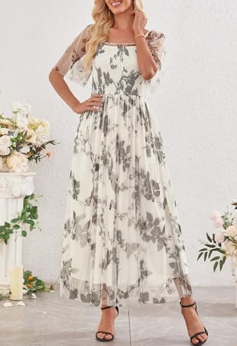 MEROKEETY Women's 2025 Summer Short Sleeve Floral Tulle Dress Square Neck Smocked Party Wedding Boho Maxi Dresses, Beige, XL - Thumbnail 2