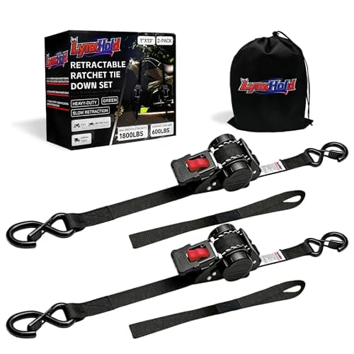Retractable Ratchet Straps (2-Pack) - Heavy Duty Auto Slow Retraction Tie Down Straps - 1 Inch x 13 Feet (1,800lb Break Strength) for Truck, Cargo Trailer, Motorcycle, ATV, UTV - Black