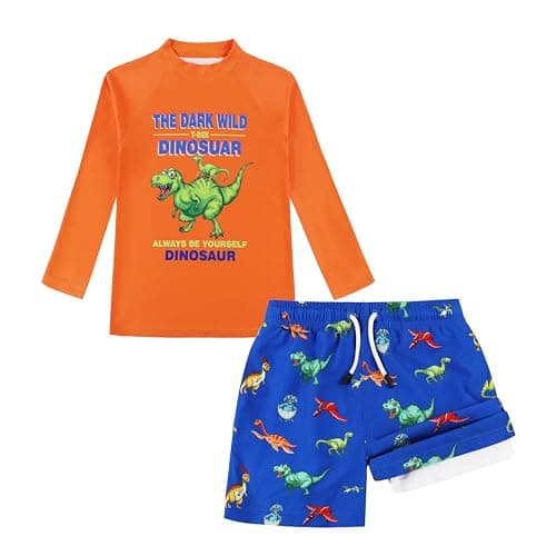 Boys Swim Set Size 2T, Kids Rash Guard Set,Swimming Trunks with Compression Liner UPF 50+ Sun Protection Blue Orange Dinosaur - Image 1