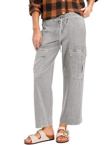 Cicy Bell Womens Cotton Cargo Pants Low Rise Drawstring Waist Wide Leg Casual Hiking Pants with Multiple Pockets Grey - Image 1