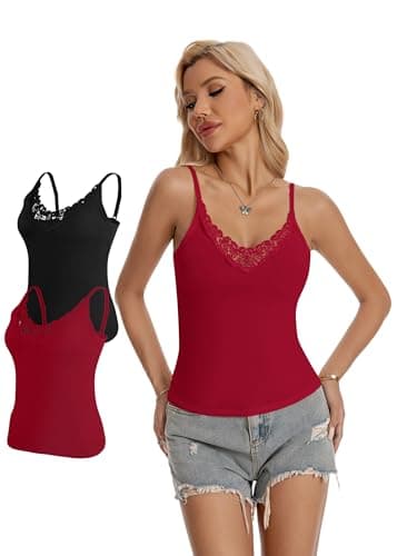 LuneNuelle Women Camisole Tank Top - Adjustable Spaghetti Strap Lace V Neck Slim Fit Casual Basic Sexy Cami Undershirt 2 Pack,Black,Wine Red-S,2026 - Image 1
