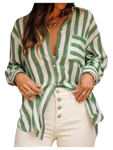 GORGLITTER Women's Striped Button Down Shirt Dressy Long Sleeve Blouses Business Casual Collared Office Siren Work Shirt Green Medium - Image 1