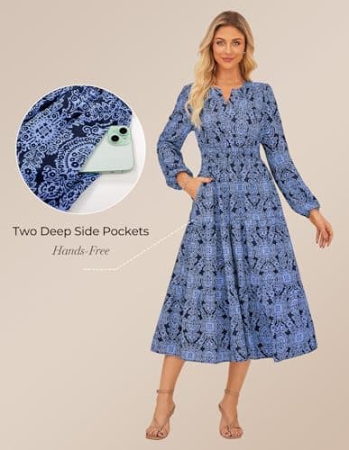 GRACE KARIN Long Sleeve Dress for Women 2026 Spring Wedding Guest Dress Floral Boho A Line Flowy Maxi Dresses with Pockets Navy Blue 2XL - Thumbnail 4