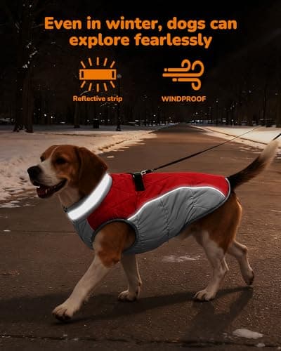 Aokown Dog Winter Coat for Medium Dogs, Adjustable Puppy Warm Jackets in Cold Weather, Reflective Pet Fleece Vest with External Attachment Points, Zippered Cold-Weather Dog Winter Clothes, M Red - Thumbnail 2