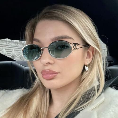 SODQW Retro Oval Sunglasses for Women Trendy Metal Frame Round Designer Sun Glasses with Heart Accents UV Protection - Thumbnail 2