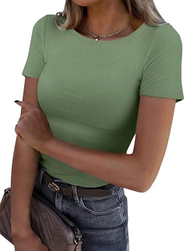 GKBK Crew Neck Short Sleeve Tops for Women Ribbed Fitted Tight Shirts Layering Top Basic Tee Tshirts Cute Summer Tops Casual Spring Clothes Outfits 2026 Trendy Light Green - Image 1