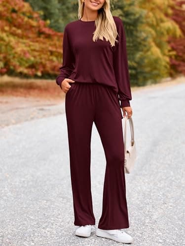 PRETTYGARDEN Womens Casual Spring Lounge Sets Long Sleeve Tops Wide Leg Long Pants Crewneck Two Piece Outfits Matching Set(Wine Red,Small) - Thumbnail 3