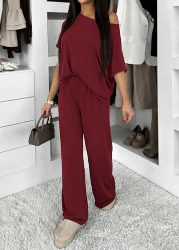 KIRUNDO Two Piece Sets for Women Lounge Airport Travel Vacation Outfits 2026 Summer Off Shoulder Tops Matching Wide Leg Pants(Burgundy, Large) - Thumbnail 5