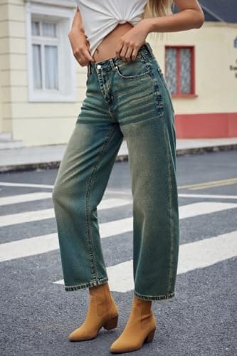 PEIHOT Mid Waisted Barrel Women Jeans Trendy Boyfriend Stretch Loose Crop Denim Pants with Pockets Retro Blue - Thumbnail 2