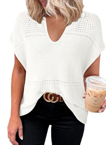 Dokotoo Womens Fashion 2026 Summer Spring Tops V Neck Crochet Knit Tops Short Sleeve Sweater for Womens Dressy Casual Blouses Tunic Tops Busines Casual Outfits White Tops for Women Trendy XXL - Image 1
