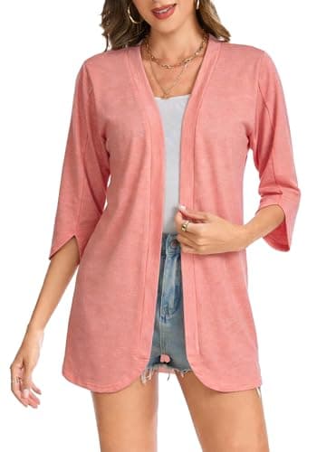 Bosmeer Cardigan Sweaters for Women Petal Cuff 3/4 Sleeve Kimono Cardigans Summer Outfits Lightweight Beach Cover Up Pink M - Image 1