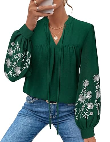 LOOKBOHO Women's Long Sleeve Tops Casual Floral Embroidered Puff Trendy Pleated V Neck Boho Blouses Tie Front ShirtsXL - Image 1