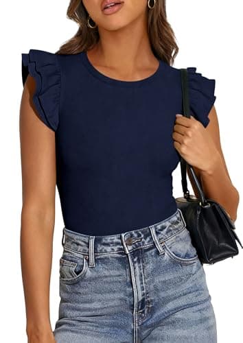 PRETTYGARDEN Womens Summer Crew Neck T Shirts 2026 Trendy Ruffle Sleeve Slim Fit Knit Going Out Tops Casual Spring Clothes (Navy,X-Large) - Thumbnail 3