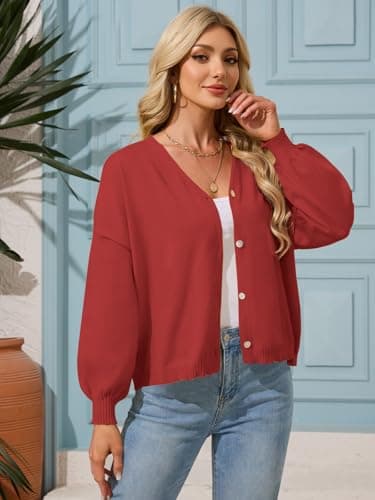 FireSwan Cardigan Sweater for Women Long Lantern Sleeve Oversized Knit Outfits Lightweight Trendy Spring Tops 2026 Red XL - Thumbnail 3