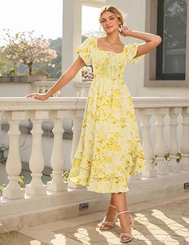 GRACE KARIN Womens Summer Floral Maxi Dress 2026 Flowy Wedding Guest Dress A Line Boho Dresses Fashion Clothing with Pockets Yellow Floral M - Thumbnail 2