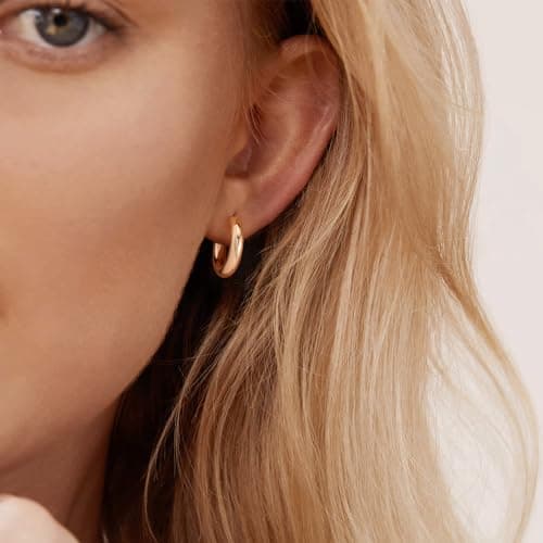 VALLOEY ROVER Tubular Hoop Earrings for Women 14K Gold Plated Open Hoops Earrings with 925 Sterling Silver Post Simple Handmade Hypoallergenic Everyday Jewelry Gift for Women - Thumbnail 3