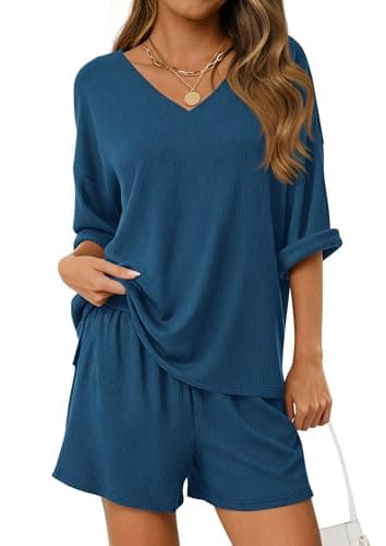 PRETTYGARDEN Womens 2 Piece Sets 2026 Oversized Vneck Half Sleeve Tops Shorts Lounge Set Casual Summer Travel Beach Outfits (Dark Blue,X-Large) - Image 1