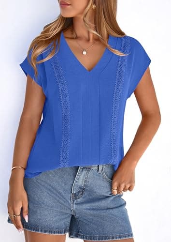 PRETTYGARDEN Blouses for Women Dressy Casual Spring 2026 Cap Sleeve V Neck Lace Trim Boho Tops Work Shirts Summer Clothes (Blue,Small) - Thumbnail 5