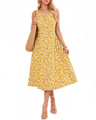 MISFAY Summer Dresses for Women Flowy Casual Midi Dress Beach Vacation Sundresses with Pockets (Floral Yellow,S) - Image 1