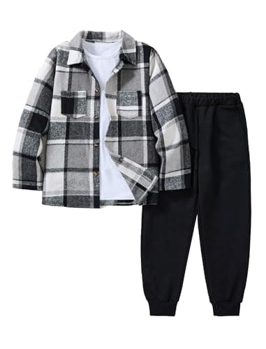 Hihosdor Boys Clothes Plaid Long Sleeve Button Down Shirt White T-shirt Tops and Pants Set 3Pcs Winter Boy Clothes, Black, 7-8 Years - Image 1