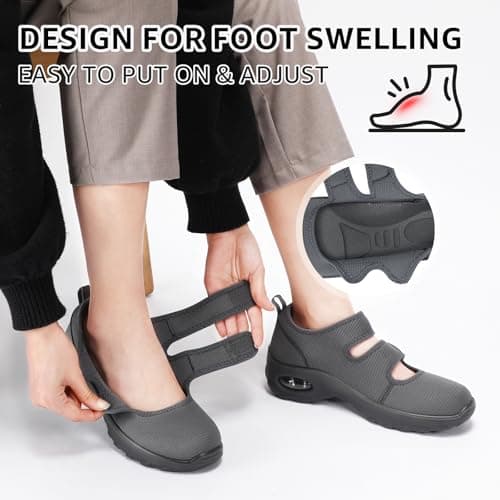 STQ Orthopedic Walking Shoes Adjustable Barefoot Mary Jane Diabetic Shoes Comfortable Breathable Nurse Shoes, Dark Grey, Size 6.5 - Thumbnail 2