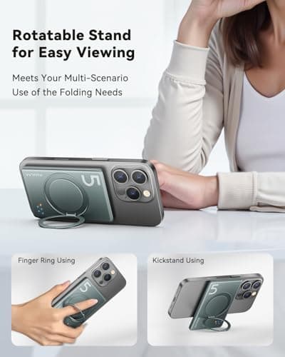 Kuulaa 5000mAh Magnetic Power Bank for iPhone 0.41in Slim Magsafe Battery Pack Wireless Portable Charger with Rotable Stand 20W PD USB C Output for iPhone 17/16/15/14/13/12 Series (Gris) - Thumbnail 2