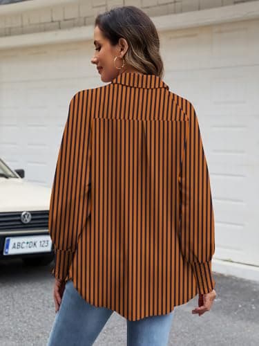 Bellcoco Women's Striped Button Down Shirts Dress Shirts Smocked Puff Sleeve Casual Collared Office Work Shirt with Pocket L - Thumbnail 4