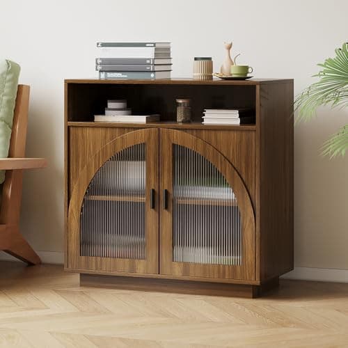 ALWXIA Sideboard Buffet Cabinet with Storage, 31.5” Farmhouse Curved Design Accent Cabinet with Acrylic Doors & Adjustable Shelves, Modern Coffee Bar (Sideboard W/Compartment_Walnut, 1Pc) - Image 1