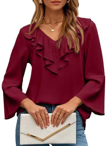 Dokotoo Womens Tops Ruffle V Neck Short Sleeve Shirts for Women 2026 Fashion Spring Outfits Dressy Casual Blouses Ruffle Business Casual Outfits Chiffon Red Blouses Work Shirt X-Large - Image 1