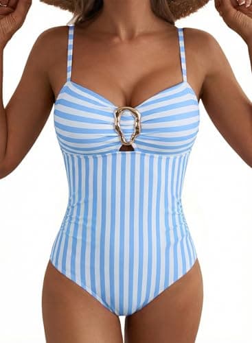 Aleumdr Womens Color Block Vintage One Piece Bathing Suits Tummy Control Swimsuits Push Up Bathing Suits Flattering Swimwear Sky Blue Stripe XX-Large - Image 1