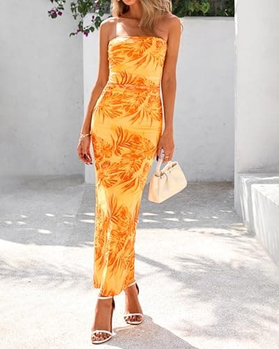 BTFBM Women Summer Strapless Maxi Dress 2026 Bodycon Floral Long Wedding Guest Dress Formal Tube Mesh Cocktail Dresses(Leaves Yellow, Medium) - Thumbnail 4