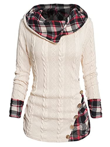 ZEZCLO Women's Twisted Cable Knit Mock Button Ruched Shawl Neck Knit Top Plaid Print Hooded Sweater - Thumbnail 3