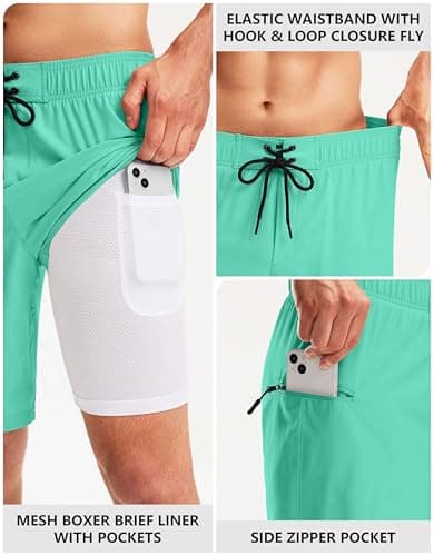 Pinkbomb Men's Mint Green Swim Trunks with Compression Liner, Quick Dry, Board Shorts with Pockets (XXXL) - Thumbnail 5