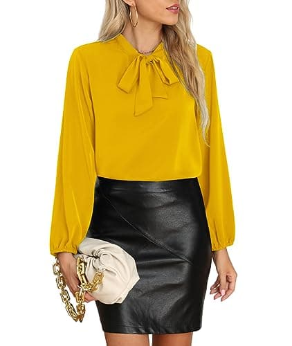 CZYINXIAN Womens Tops Dressy Casual Chiffon Blouse Bow Tie Neck Long Sleeve Casual Office Blouse Top(Yellow,Medium) - Image 1