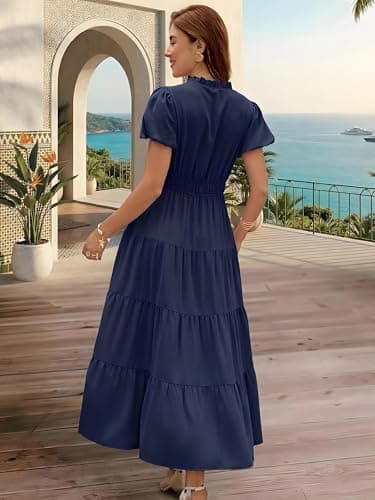 ECOWISH Womens Midi Dress Summer Casual A Line Maxi Shirt Dresses Spring Short Sleeve Button Front V Neck Pockets Work Dress 25Navy Blue Small - Thumbnail 2
