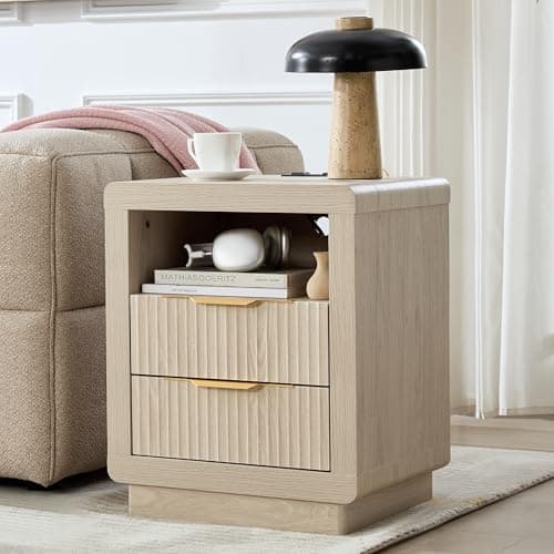 YANSNWO Fluted Nightstand with Charging Station, 23.6" H Modern Bedside Table with Thickened Curved Profile Design, End Table with 2 Drawers for Bedroom, White Alder