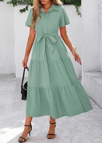KIRUNDO Summer Button Down Wedding Guest Shirt Dresses for Women Maxi Flutter Short Sleeve Flowy Tiered Beach Sun Dress(Bean Green, XX-Large) - Thumbnail 5