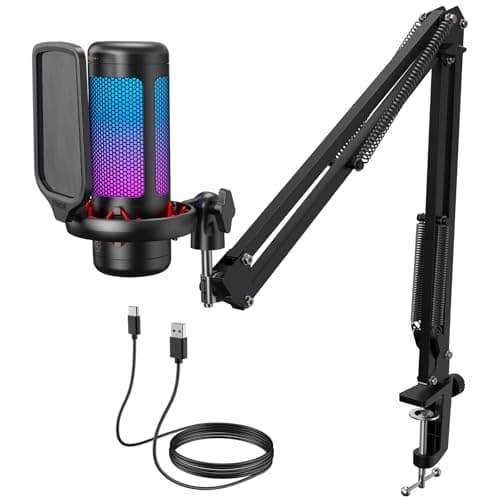 TONOR Gaming Microphone Set with Boom Arm, Vocal Condenser Microphone for PC with Stand, USB Mic with controllable RGB Light, One Tap Mute, Volume Control, for Discord, Twitch Streaming, TC310+ - Image 1